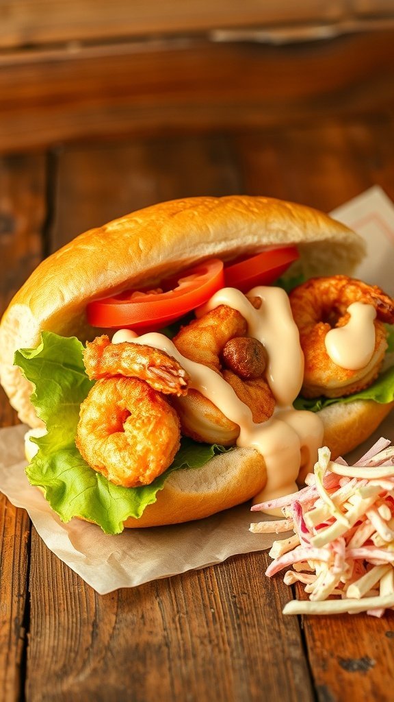 A Spicy Shrimp Po' Boy sandwich with remoulade sauce, lettuce, and tomato, served with coleslaw on the side.