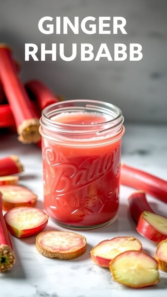 A jar of ginger rhubarb sauce with fresh rhubarb stalks and slices around it.