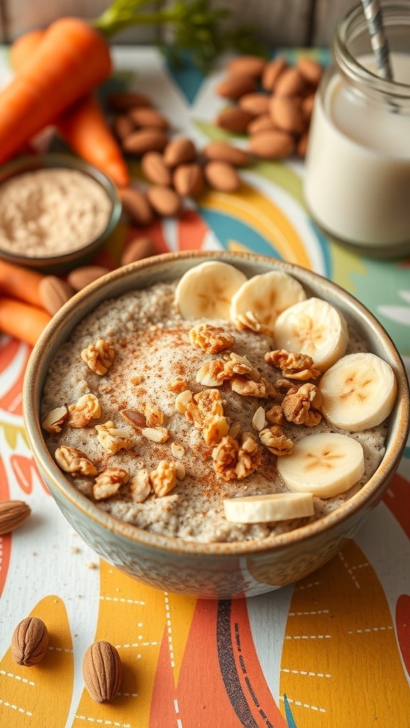 A bowl of carrot cake overnight oats topped with banana slices, almonds, and cinnamon, with fresh carrots and almond milk in the background.
