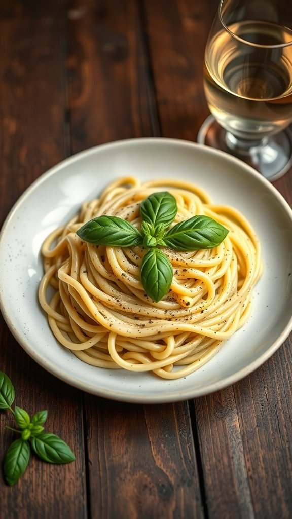 A plate of creamy avocado pasta garnished with fresh basil leaves and a glass of white wine in the background.