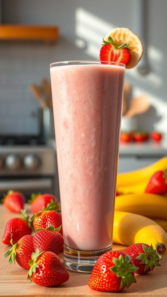 A tall glass of creamy strawberry banana smoothie with fresh strawberries and bananas in the background.