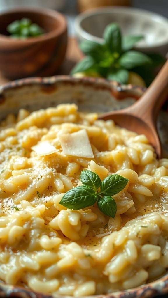 A bowl of creamy summer squash risotto garnished with basil leaves.