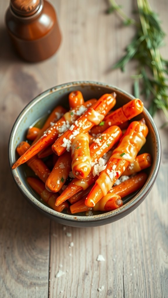 A bowl of creamy Parmesan-glazed carrots, garnished with cheese, on a wooden table.