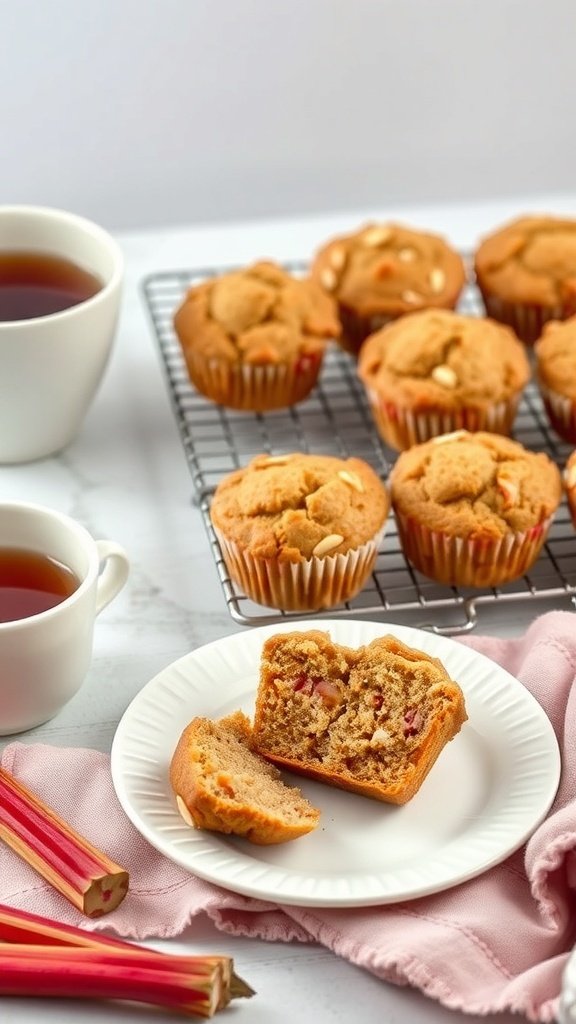 Freshly baked rhubarb muffins on a cooling rack with a cup of tea and rhubarb stalks