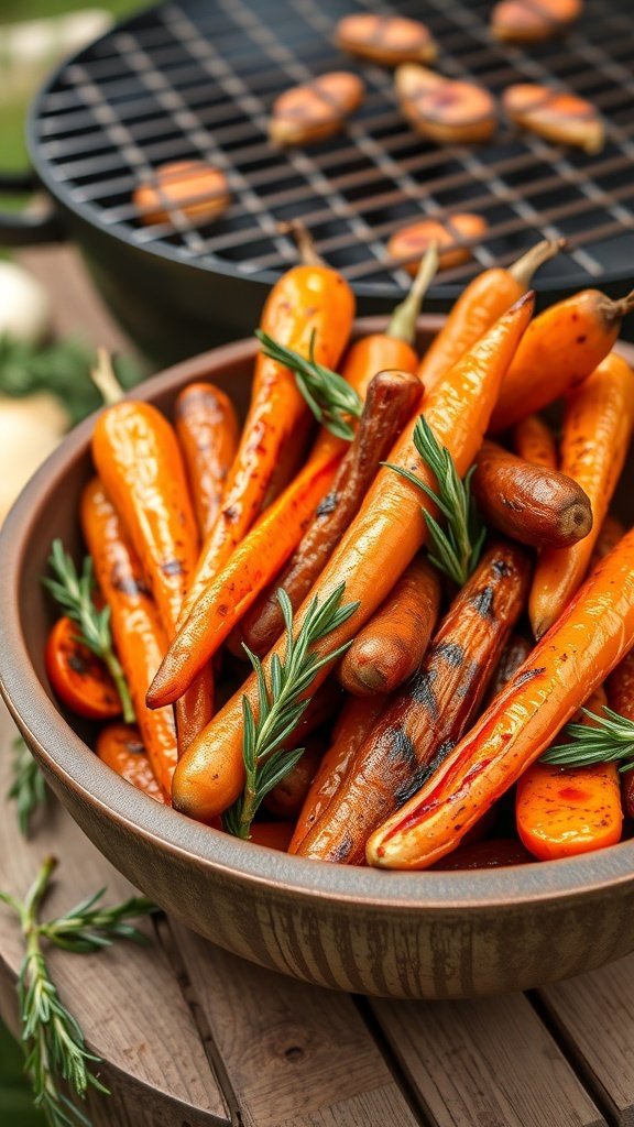 A bowl of grilled carrots with rosemary on a wooden table, with a grill in the background.