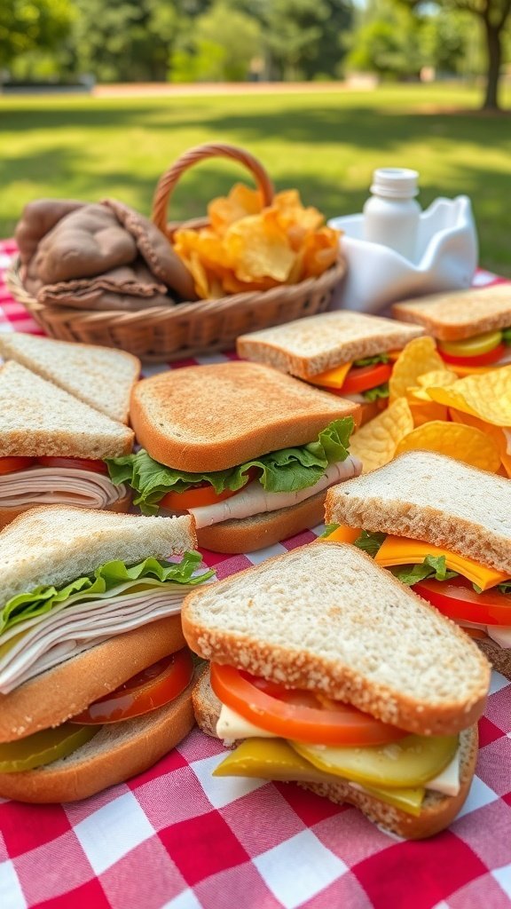 A picnic spread featuring various sandwiches, chips, and a bottle of dressing on a checkered tablecloth.