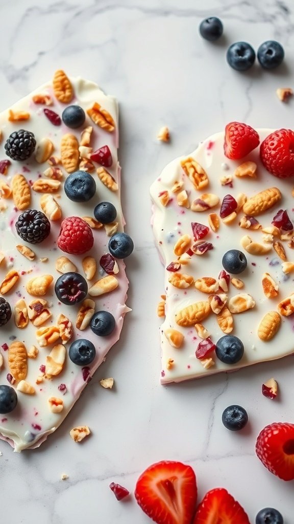 Frozen yogurt bark topped with nuts and berries on a marble surface