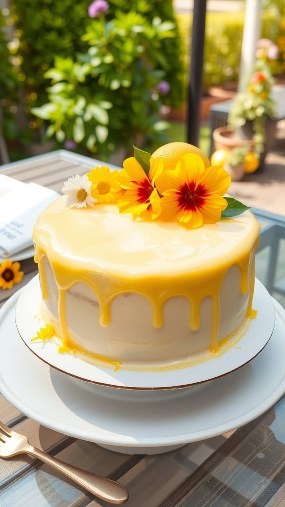 A beautifully decorated zesty lemon graduation cake with flowers and a lemon on top.