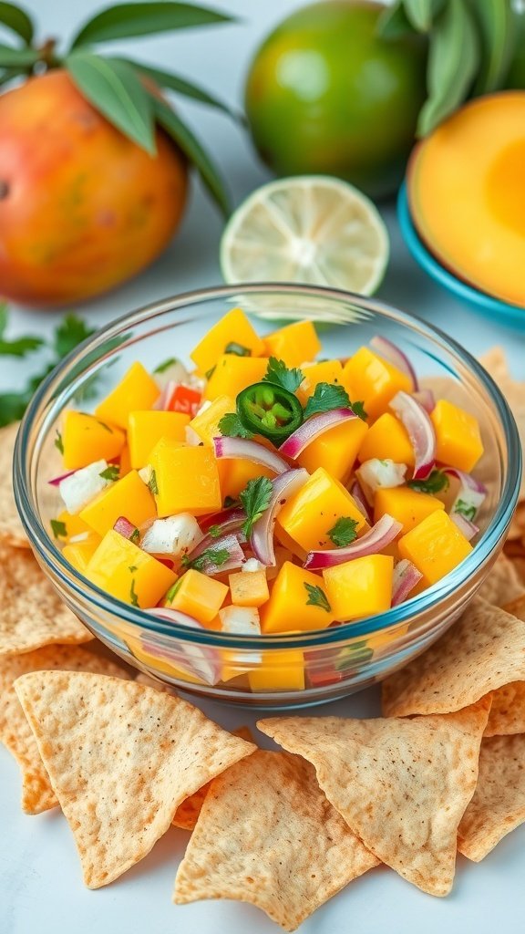 A bowl of sweet and spicy mango salsa with tortilla chips on the side.