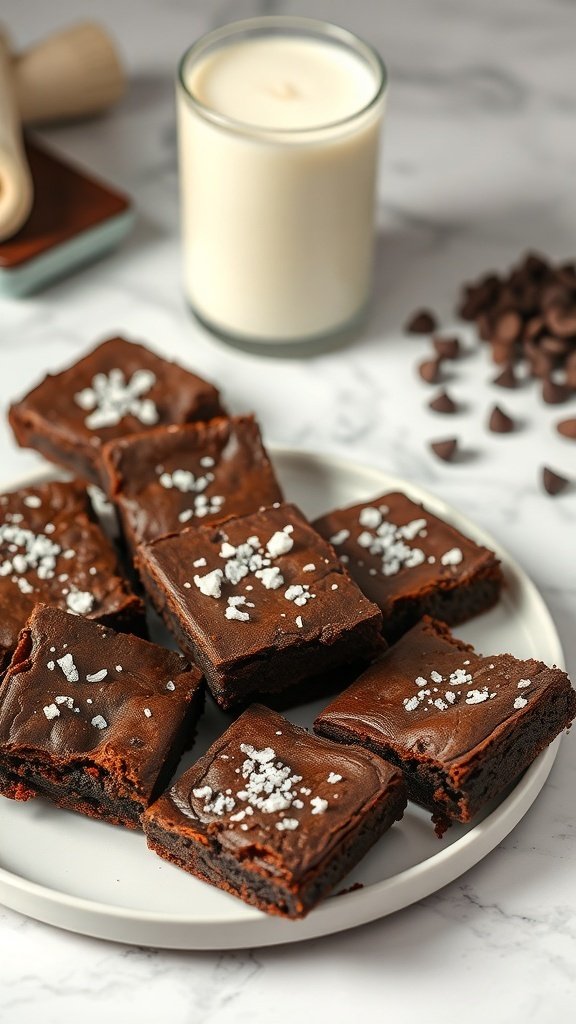 A plate of fudgy brownies topped with sea salt, next to a glass of milk and chocolate chips.