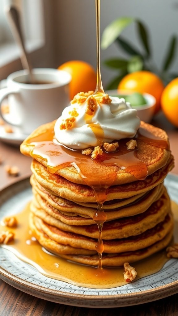 A stack of fluffy carrot cake pancakes topped with cream cheese frosting and syrup, with a cup of coffee and fresh fruit in the background.