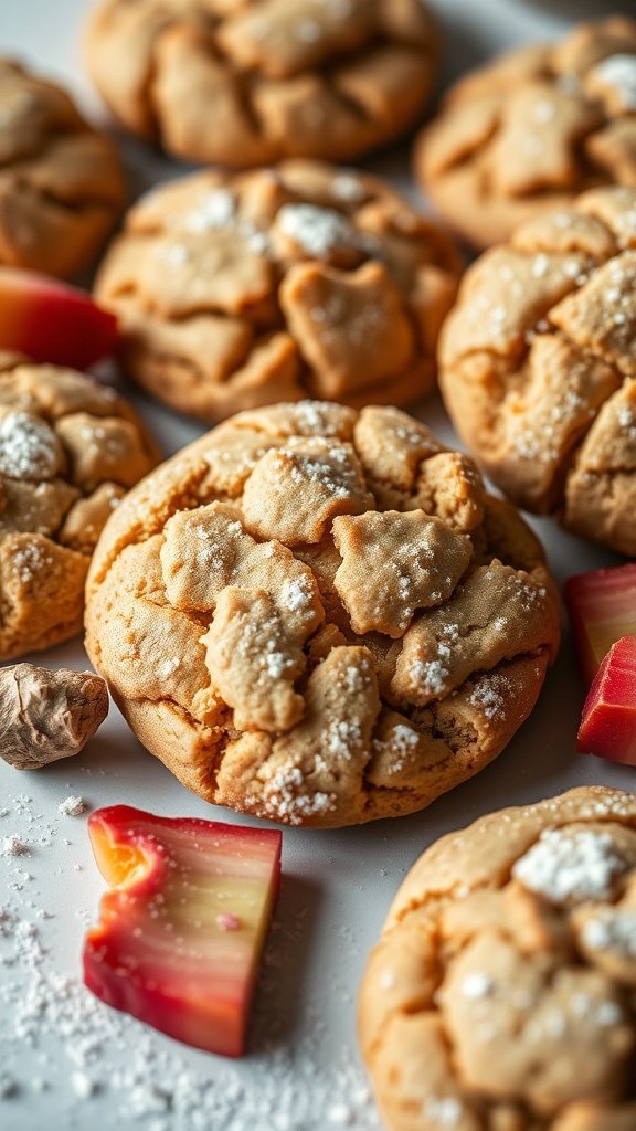 Delicious spicy rhubarb ginger cookies with powdered sugar and fresh rhubarb pieces.