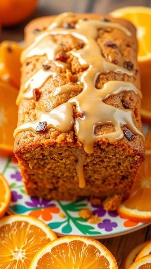 A loaf of zesty orange carrot bread drizzled with glaze, surrounded by fresh orange slices.