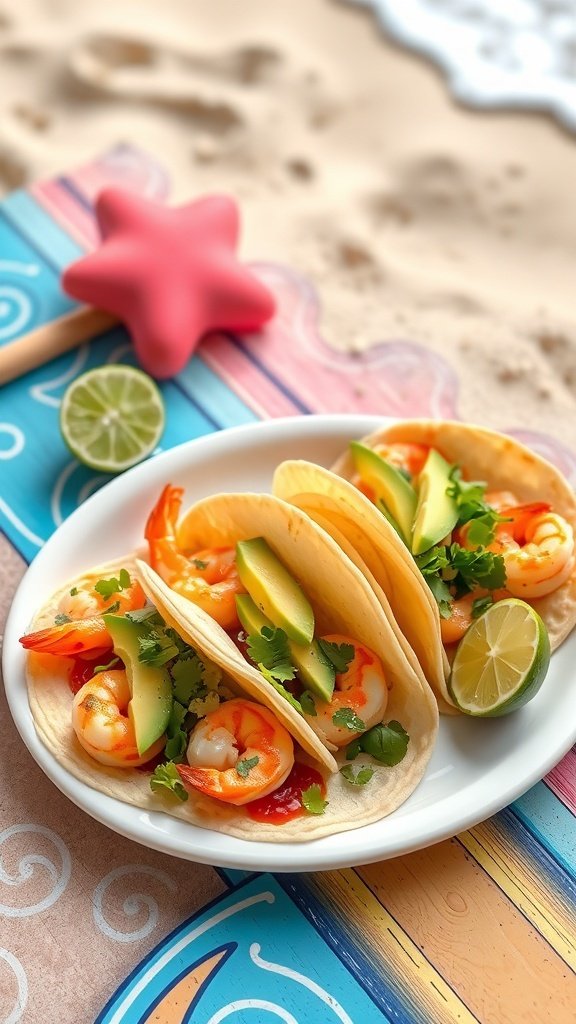 A plate of shrimp tacos with avocado and lime on a colorful beach-themed background.