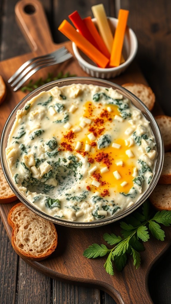 A creamy spinach and artichoke dip served with bread slices and colorful vegetable sticks.