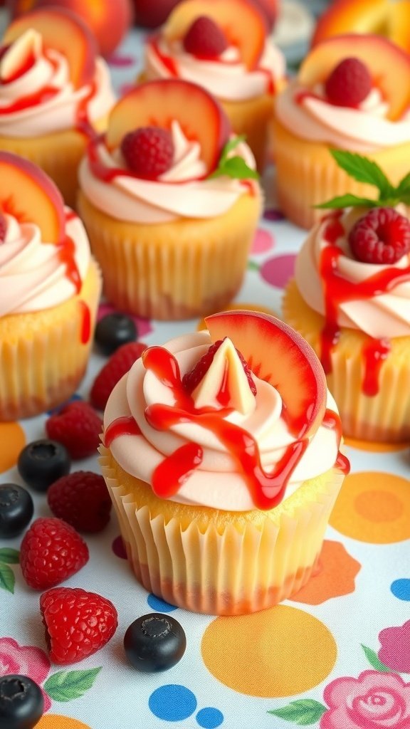 Colorful Peach Melba cupcakes topped with frosting, peach slices, and raspberry sauce