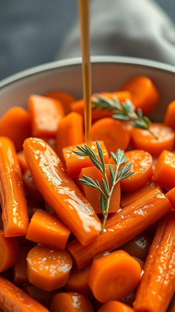 A bowl of candied carrots with ginger and maple syrup, garnished with rosemary.