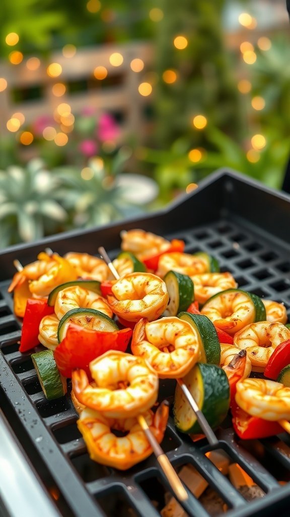 Grilled shrimp and vegetable skewers on a barbecue grill, surrounded by a warm summer evening atmosphere.