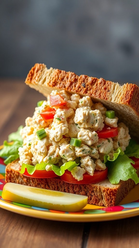 A classic tuna salad sandwich with lettuce and tomato, served on whole grain bread with a pickle on the side.