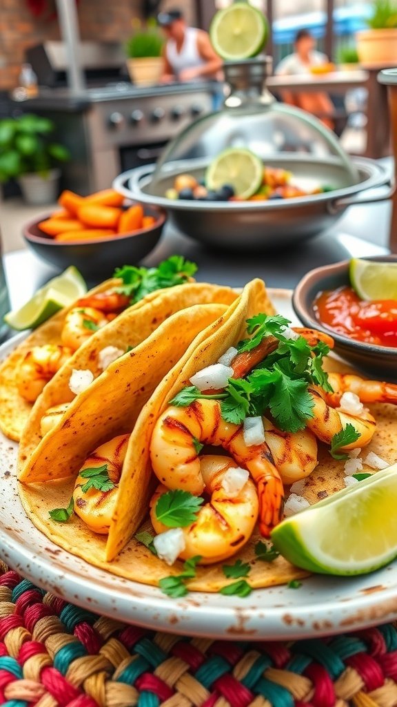 Plate of grilled shrimp tacos with cilantro, onions, lime, and a side of salsa
