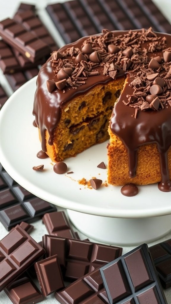Chocolate Chip Carrot Cake with chocolate frosting and shavings on a white plate, surrounded by chocolate bars.
