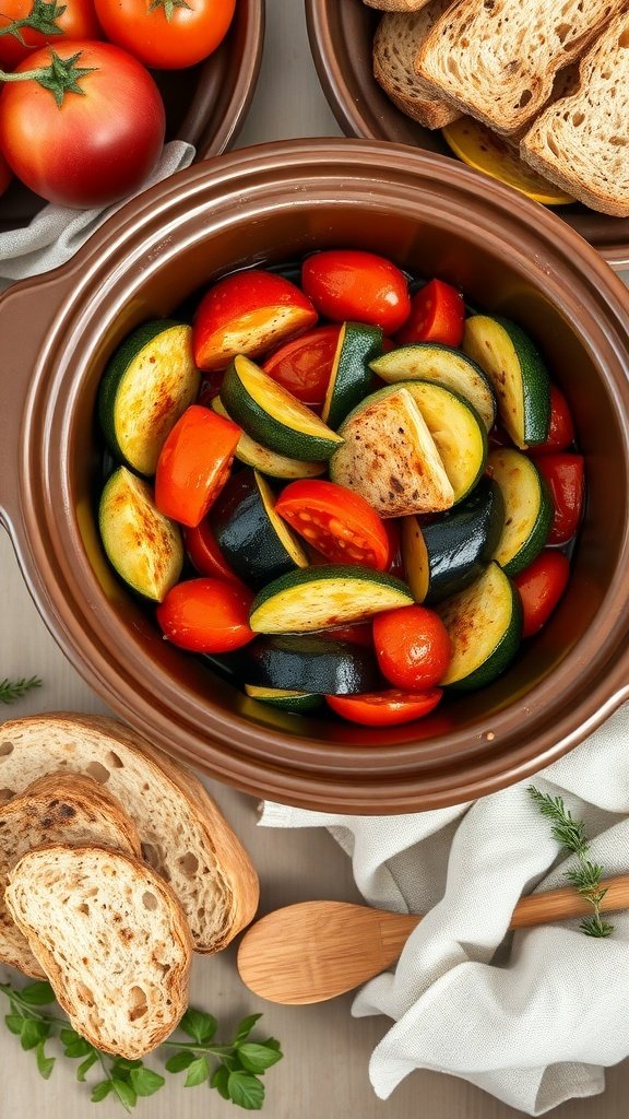 A crockpot filled with colorful vegetables including zucchini, tomatoes, and eggplant, accompanied by slices of bread.