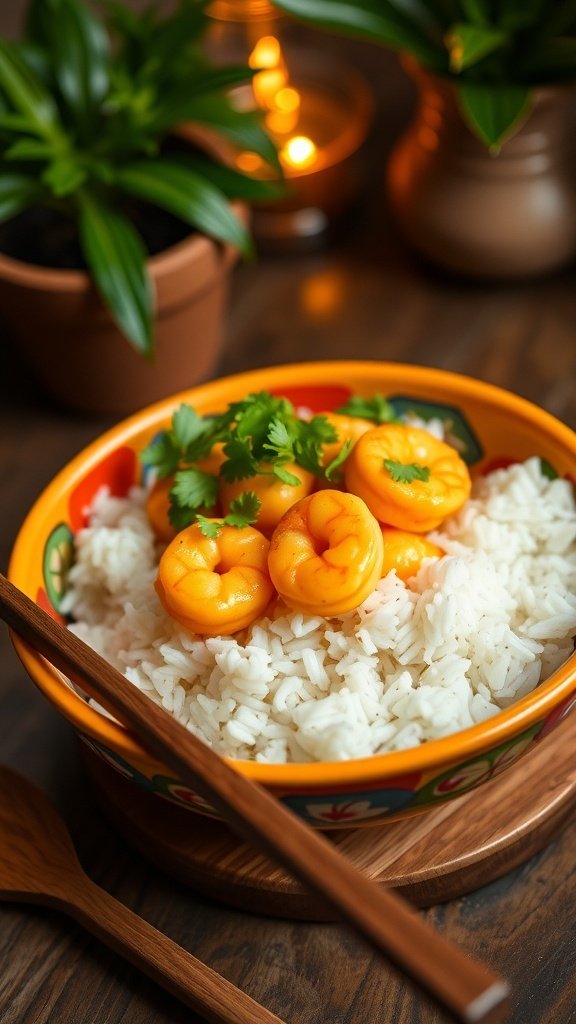 A bowl of coconut curry shrimp served with jasmine rice, garnished with cilantro.