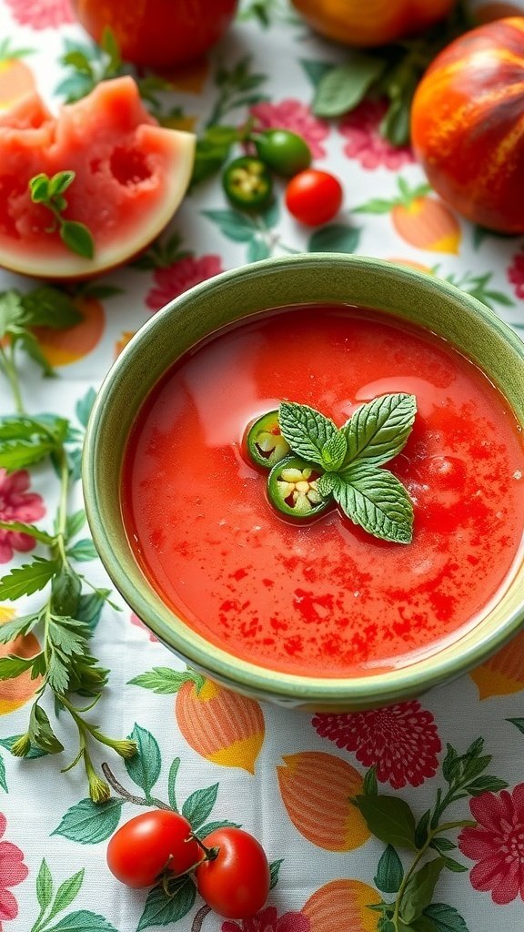 A bowl of spicy watermelon soup garnished with mint and jalapeño, surrounded by fresh ingredients.