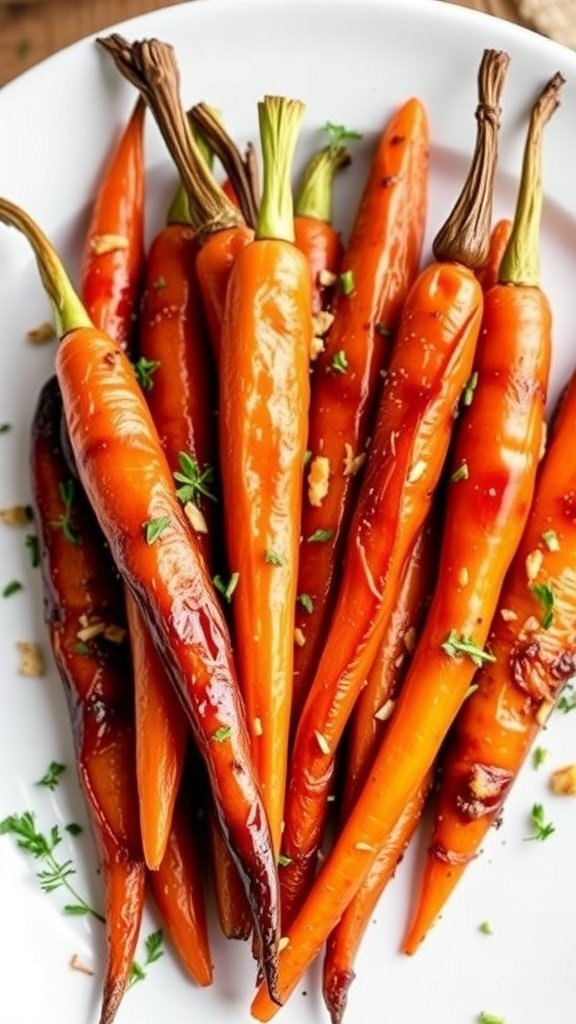 A plate of roasted honey carrots garnished with thyme and garlic.
