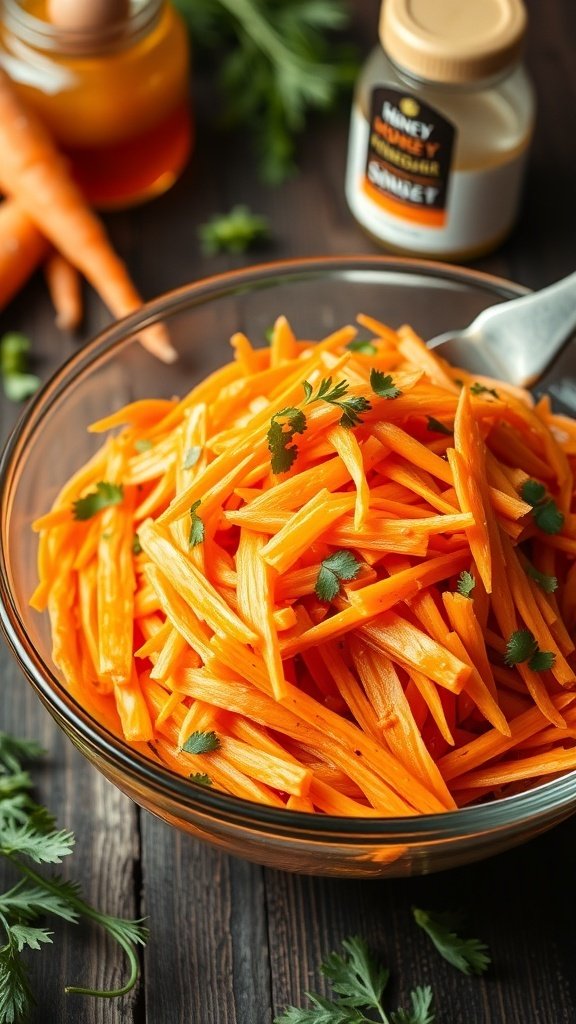 A bowl of sweet and sour carrot salad with honey and vinegar, garnished with herbs.