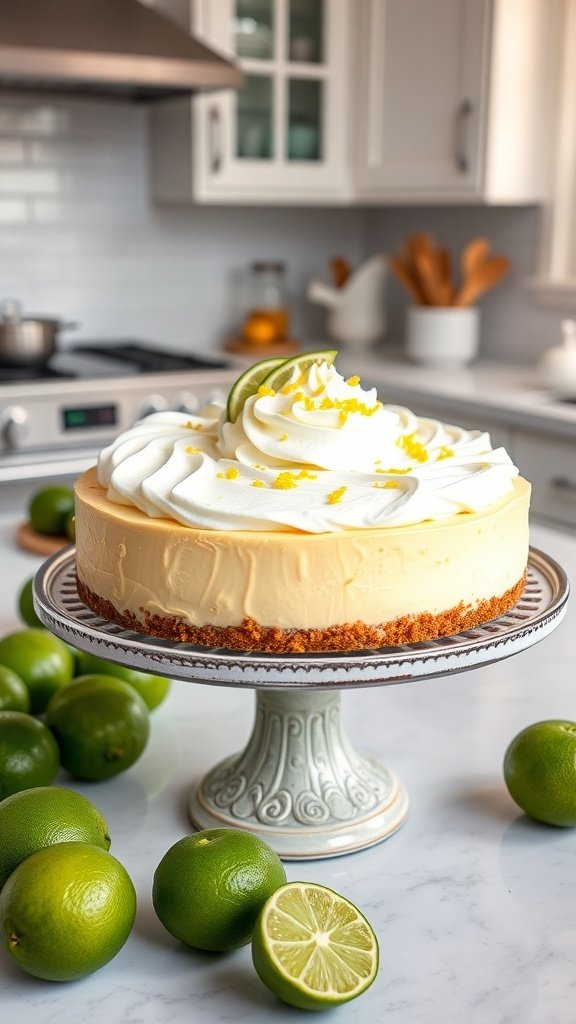 A no-bake key lime pie topped with whipped cream and garnished with lime slices, surrounded by fresh limes.