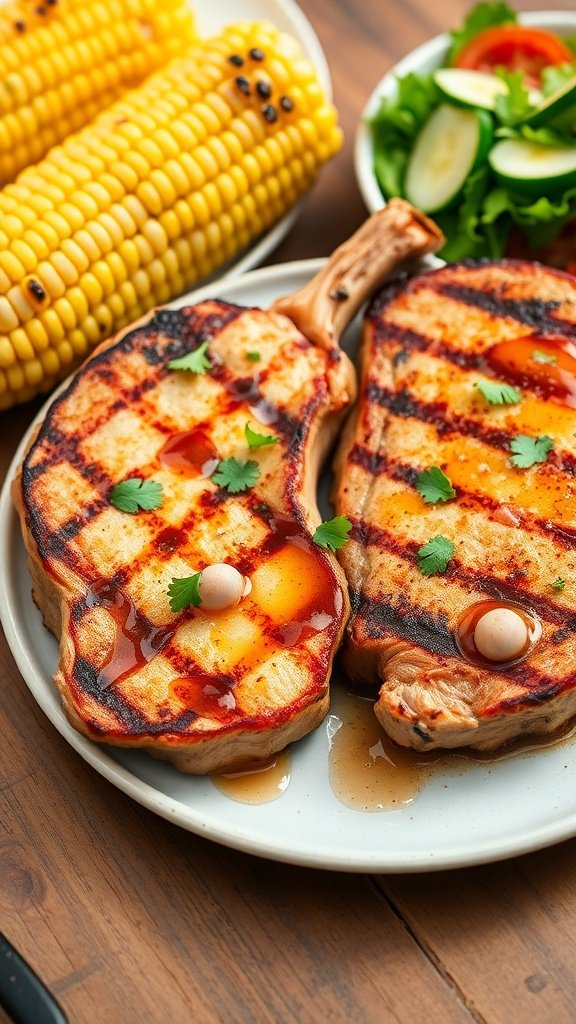 Grilled pork chops with corn and salad on a plate