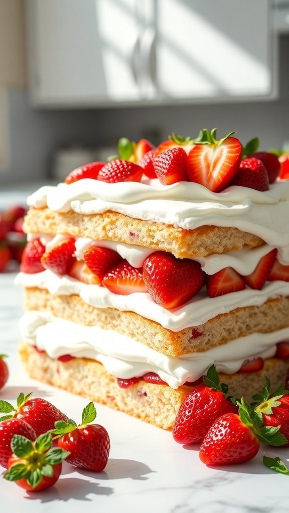 A delicious strawberry shortcake sheet cake layered with whipped cream and fresh strawberries.