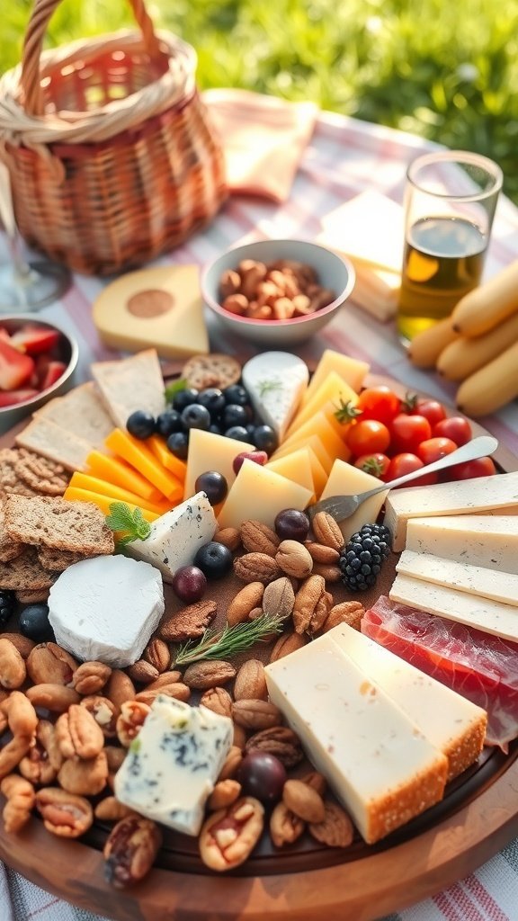 A colorful cheese board with various cheeses, nuts, fruits, and crackers, perfect for summer gatherings.