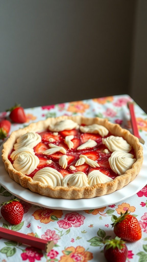 A gluten-free strawberry rhubarb pie with cream swirls on top, surrounded by fresh strawberries.