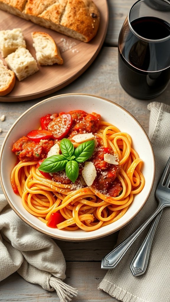 A bowl of tomato basil pasta with fresh basil on top, served with crusty bread and a glass of red wine.