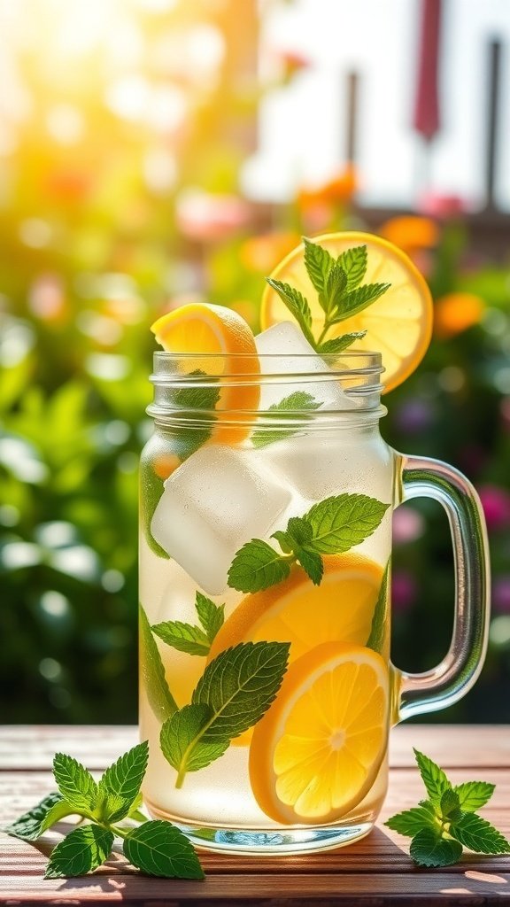 A refreshing mason jar of lemonade with lemon slices and mint leaves, set against a sunny garden background.