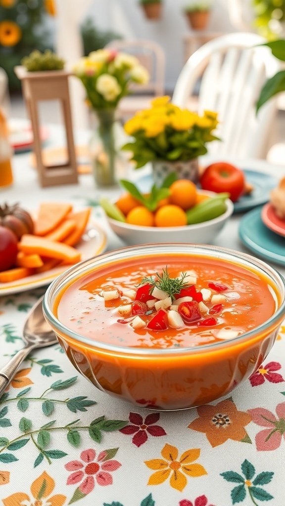A vibrant bowl of cold tomato soup garnished with fresh vegetables, surrounded by colorful produce on a table.