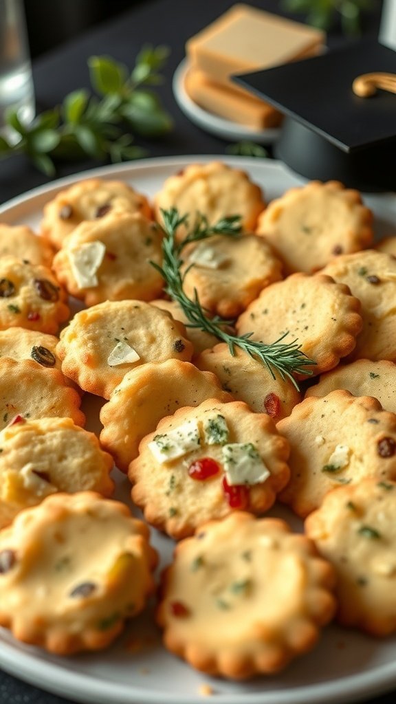 A plate of savory cheese cookies with herbs, perfect for graduation celebrations.