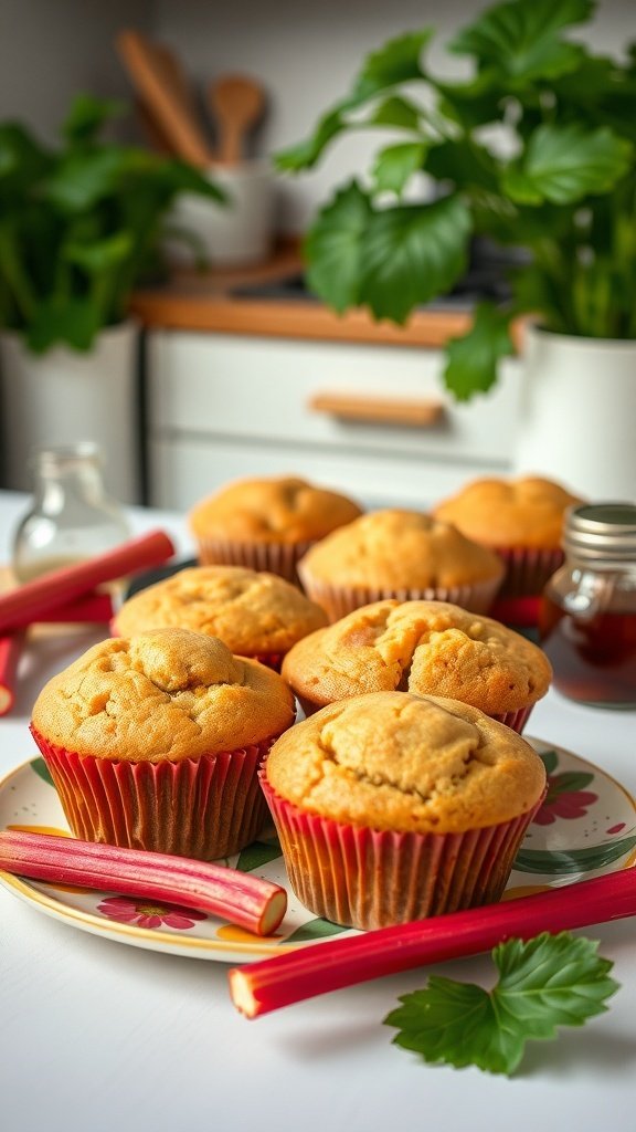 A plate of freshly baked vegan rhubarb muffins with rhubarb stalks and green plants in the background.