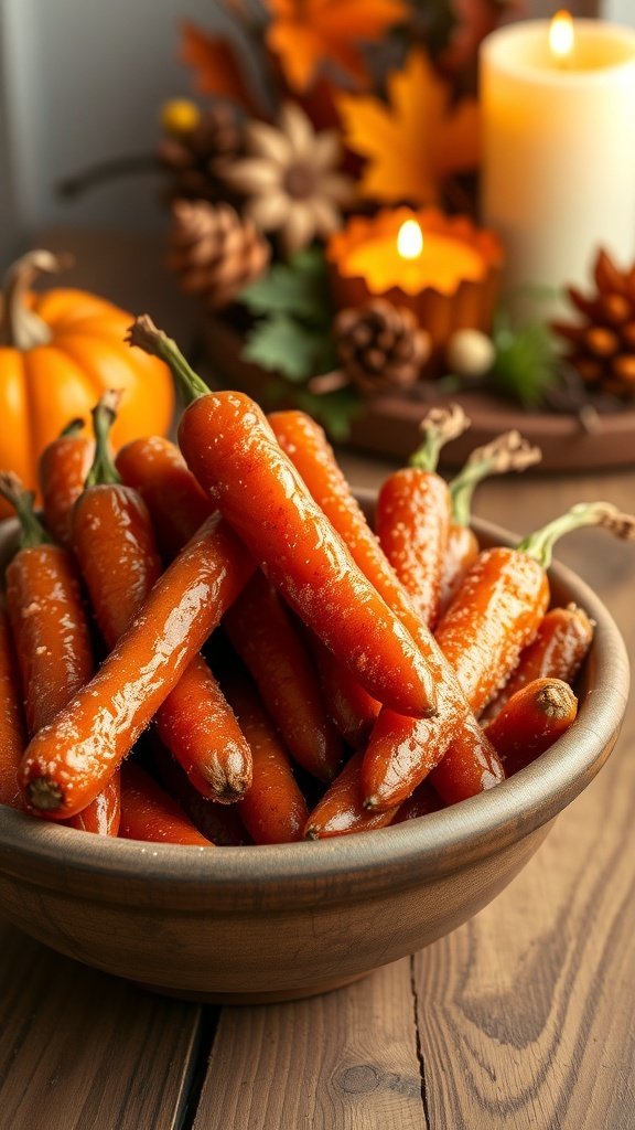 A bowl of glossy air fryer carrots with autumn decorations in the background.