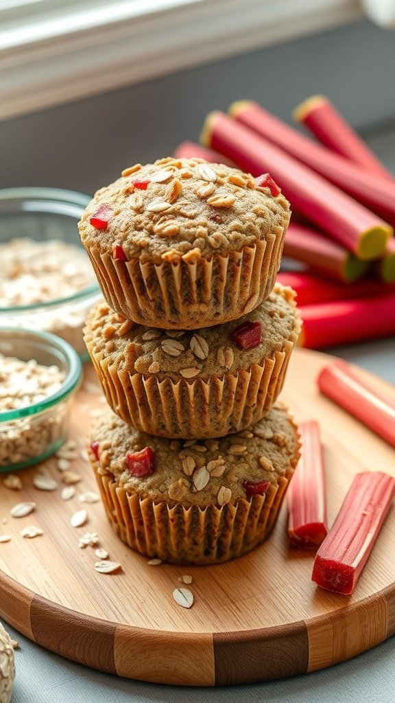 A stack of healthy oatmeal rhubarb muffins with fresh rhubarb stalks and oats in the background.