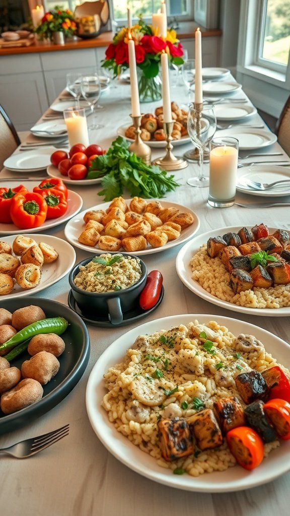 A beautifully arranged summer dinner table with various vegetarian dishes.