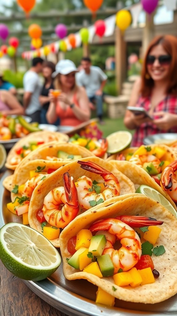 A vibrant plate of shrimp tacos with mango and bell peppers, perfect for a summer gathering.
