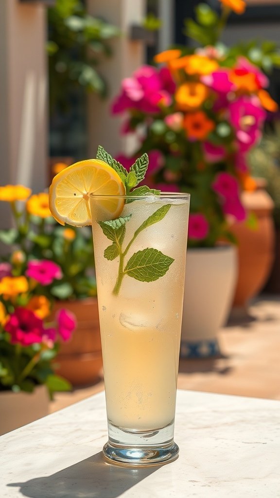 A tall glass of creamy summer beverage with lemon and mint, surrounded by colorful flowers.
