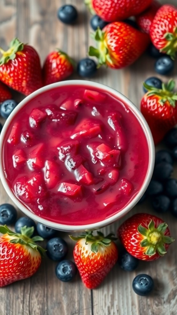 A bowl of berry-enhanced rhubarb sauce surrounded by fresh strawberries and blueberries.