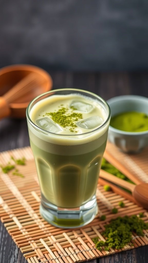 A refreshing iced matcha green tea latte served in a glass with ice, surrounded by matcha powder and a whisk.
