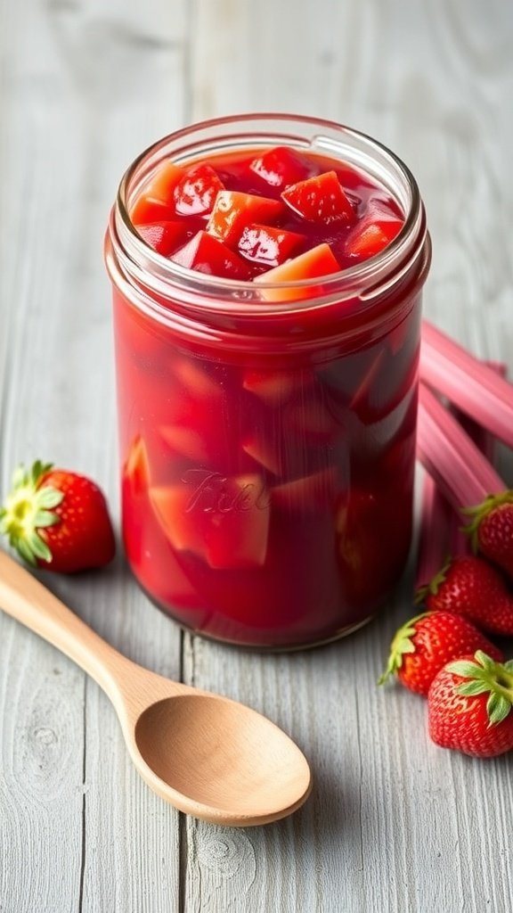 A jar of rhubarb and strawberry compote with a wooden spoon beside it.