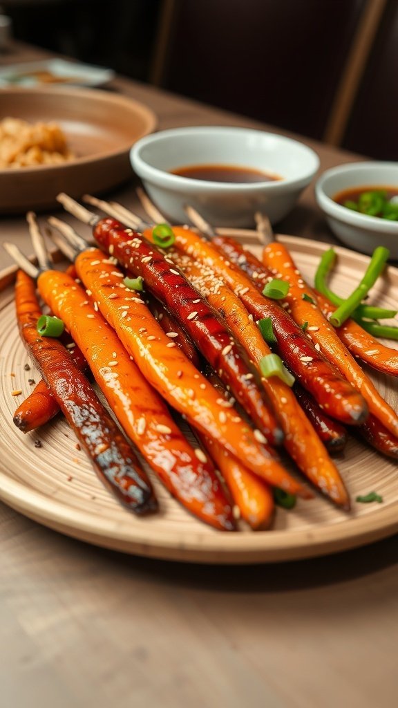 A plate of grilled carrots with sesame soy glaze, garnished with green onions and sesame seeds.