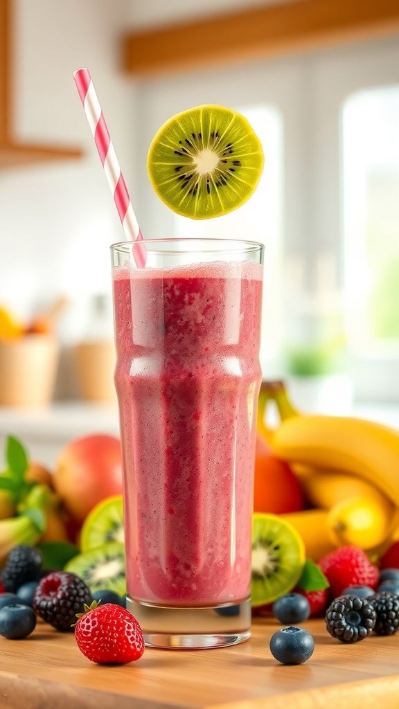 A refreshing summer smoothie made with strawberries, blueberries, and banana, topped with a slice of kiwi.